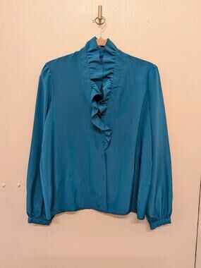 Esprit Ruffle Front Button-Up Blouse In Teal Blue, Size M